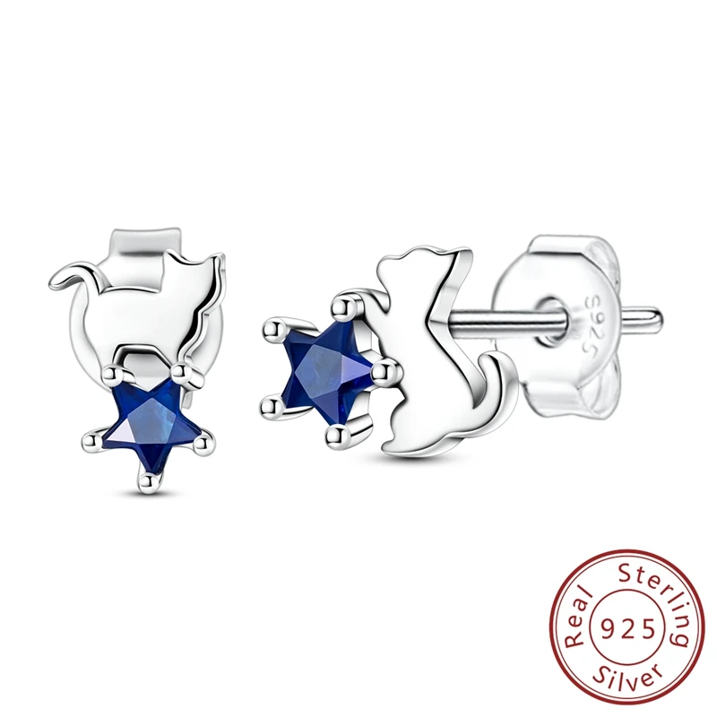 

100% S925 Sterling Silver Blue Star Zircon Cat Stud Earrings For Women Free Combination Piercing Studs Earring Jewelry