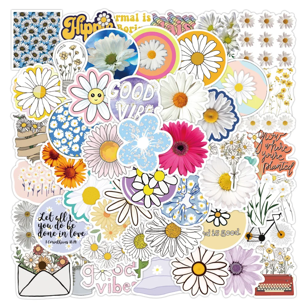 50pcs Aesthetic Daisy Flower Stickers Laptop Pad Phone Case Luggage Guitar Fridge Scrapbooking Graffiti Vinyl Sticker Gift Toy