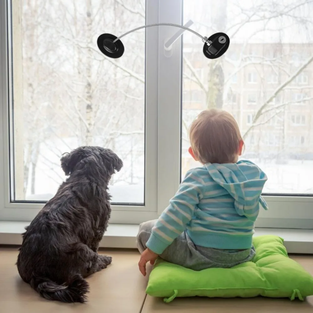 

2Pcs Self Adhesive Children Safety Lock with Key No Drilling Window Security Lock Steel Wire Lock Rope Wear-resistant