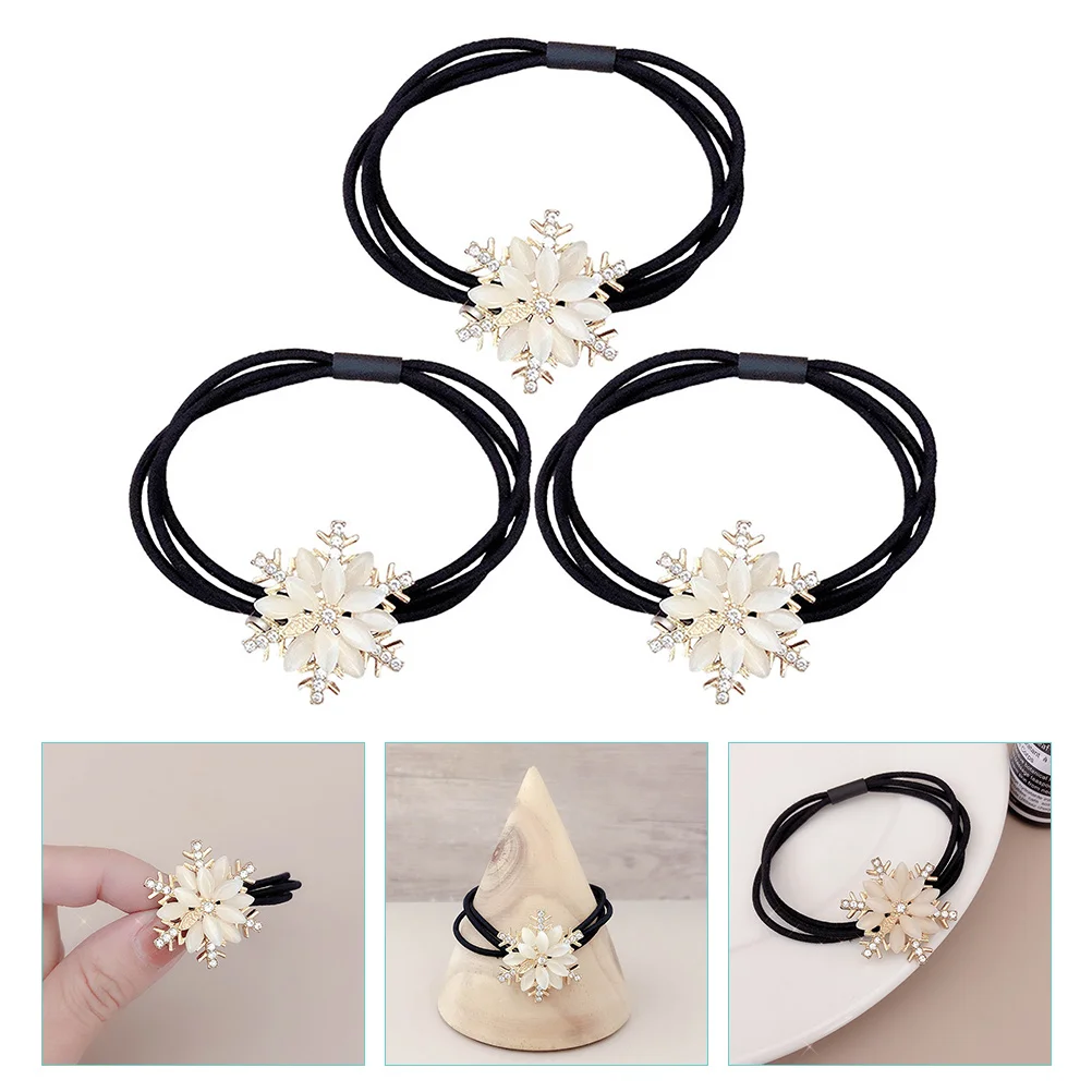 

3pcs Snowflake Hair Ties Elastic Ponytail Holders Rhinestones White Girls Headdress Hair Women Accessories Christmas Gifts
