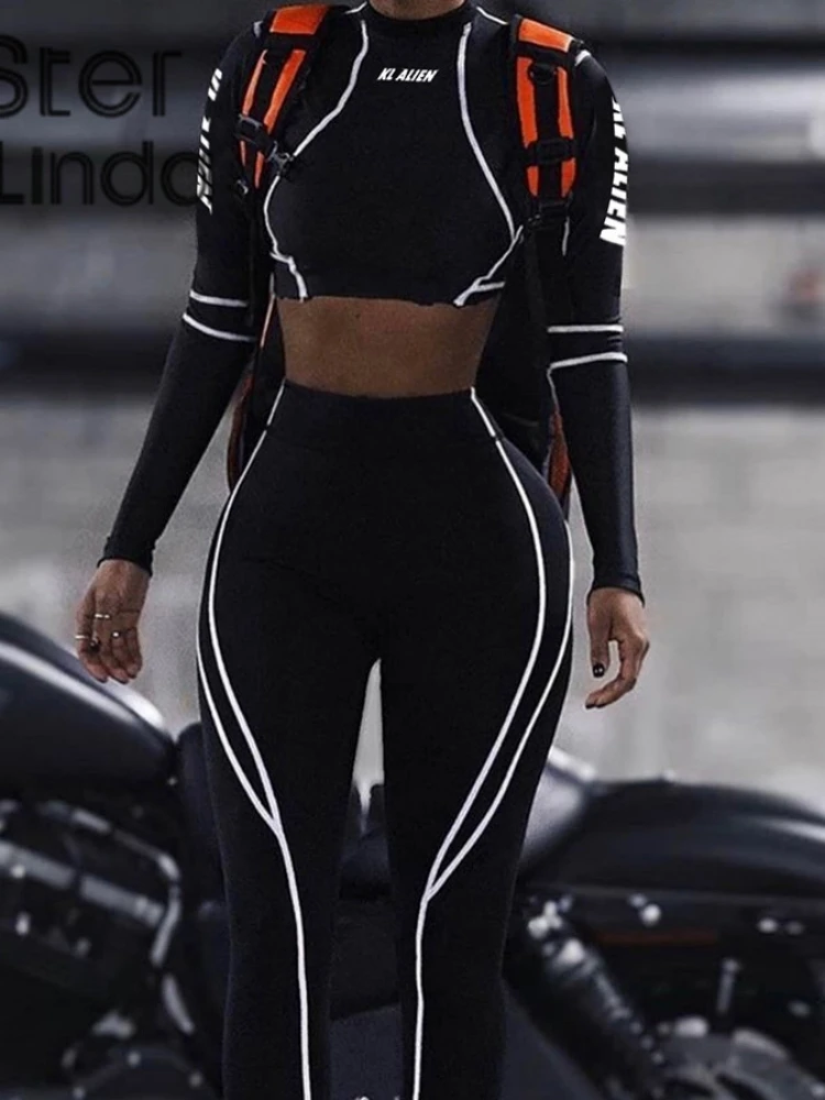 Sisterlinda Elastic Cool Matching Sets Long Sleeve Cropped Top And Pants 2 Piece Suits Women Clothing Striped Sportswear Outfits