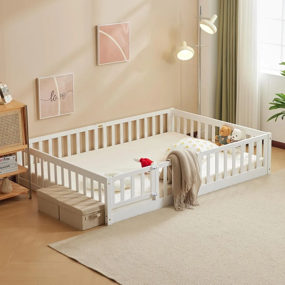 

Toddler Floor Bed with Door and Fence for Kids, Montessori Bed with 12 Slats and Safety Guardrails,Kids Bed Solid Wood