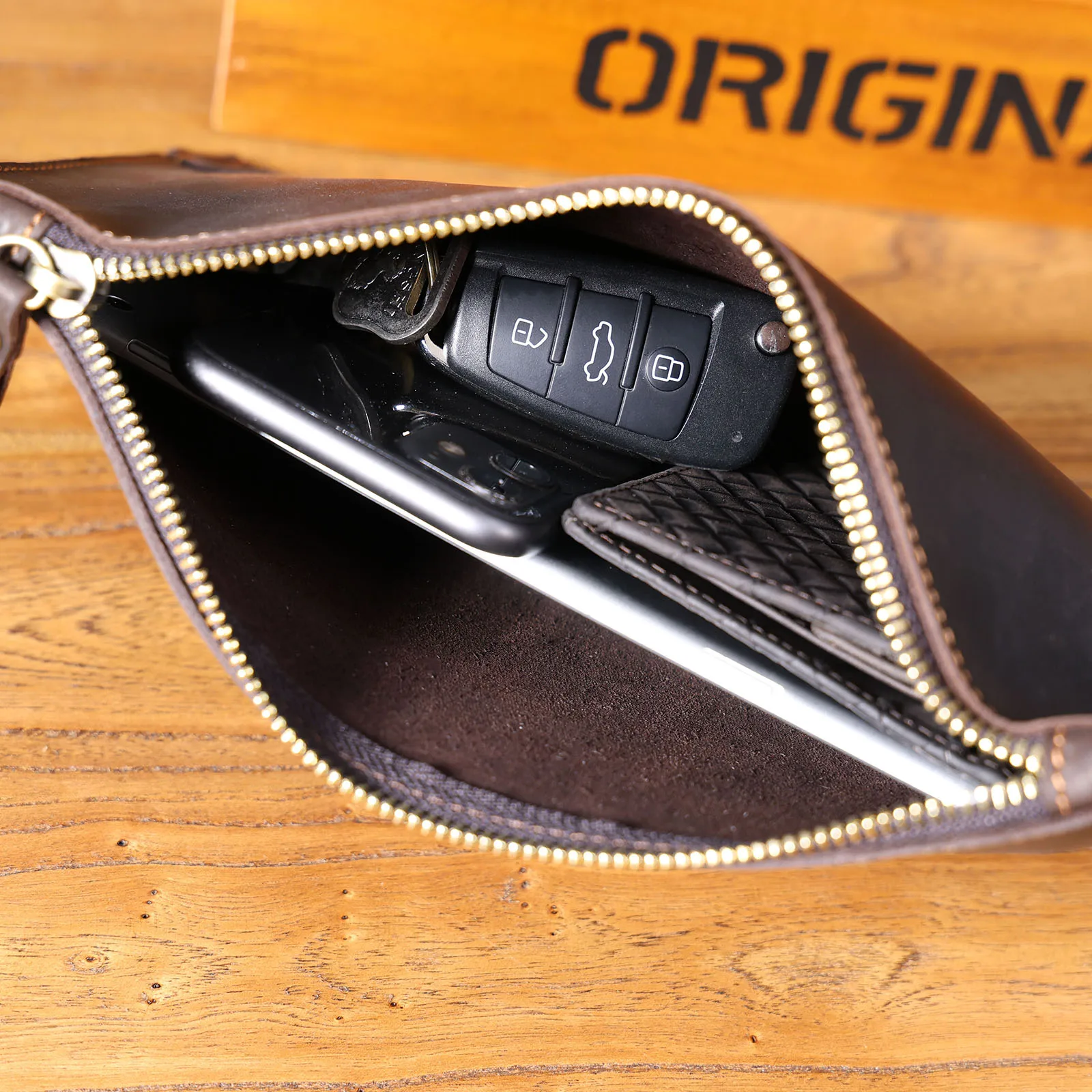 Vintage Echtleder Herren-Clutch-Tasche Lange Geldbörse für Männer Erstklassiges Leder Retro-Kartenhalter Handyhalter – Detail 17