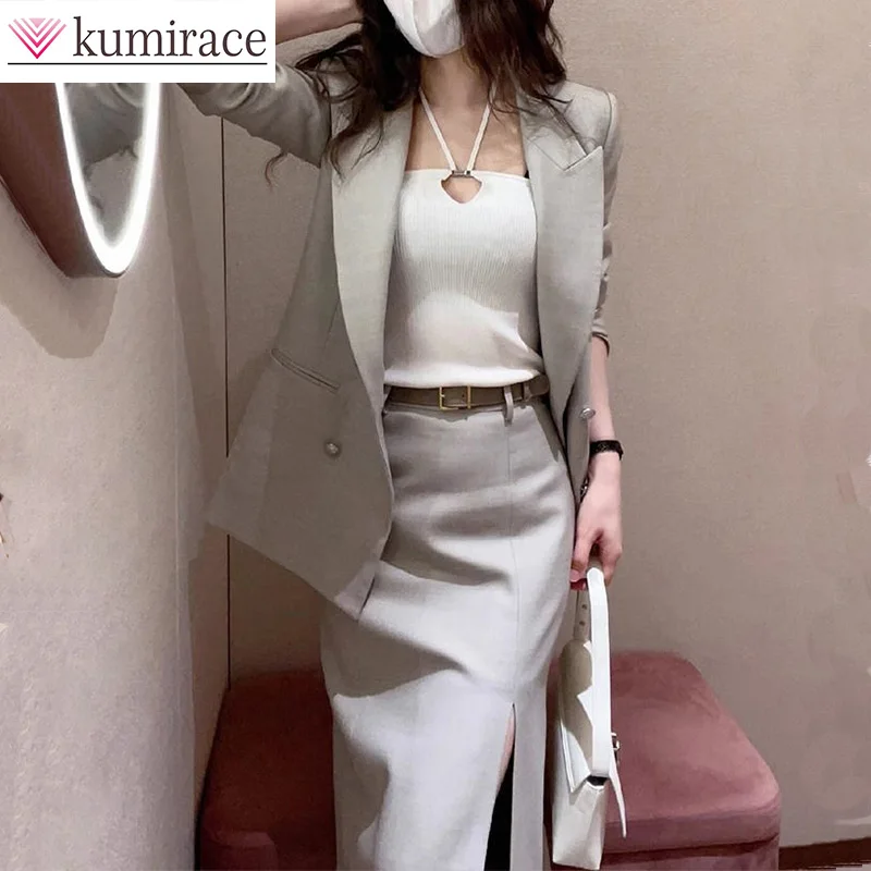 2024 Spring New Skilled and Elegant High end Hip Wrap Professional Commuter Light Grey Suit Coat Set Skirt Two Piece Set