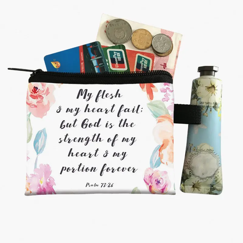 Christian Bible Verse in English Print Coin Purse Women Small Wallet God He Will Sustain You Card Holder Coin Bag Zipper Pouch