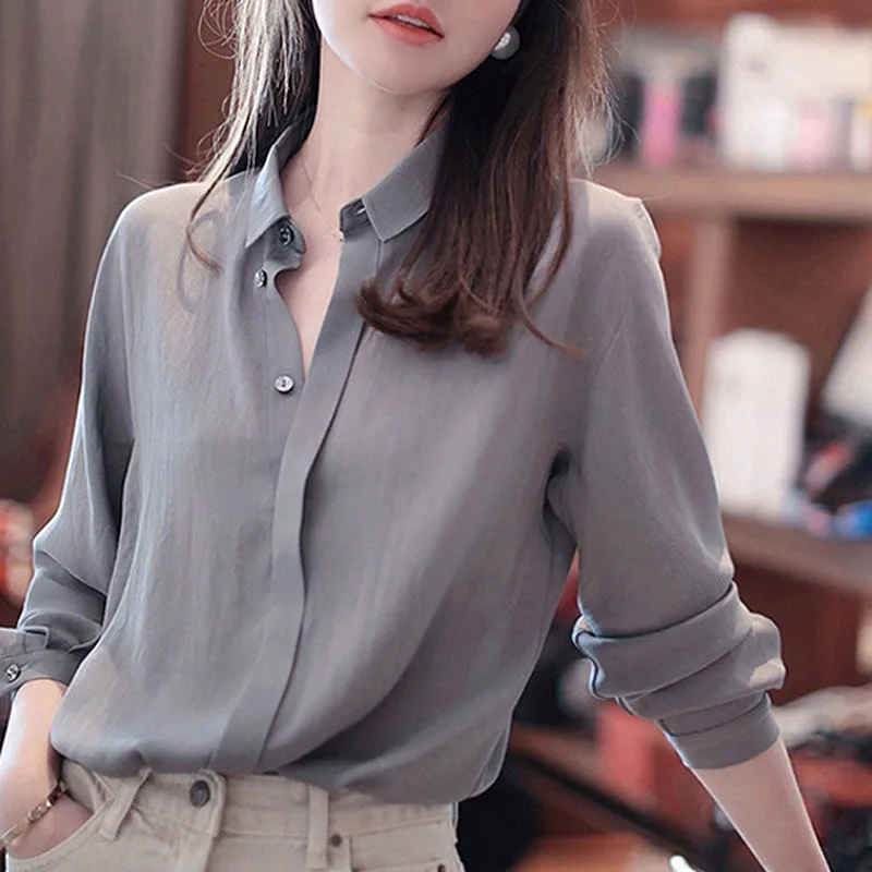 

Women Spring Autumn Style Blouses Shirts Lady Casual Long Sleeve Turn-down Collar Solid Color Blusas Tops WY1038