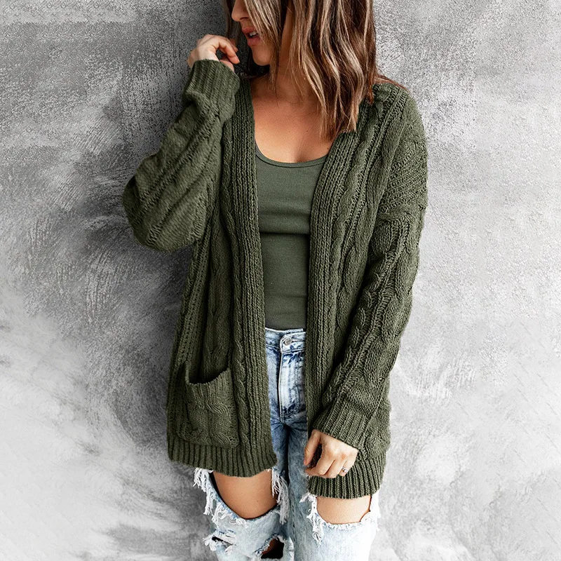 Solid pocket middle long solid Fried Dough Twists knitting cardigan coat autumn and winter new sweater women