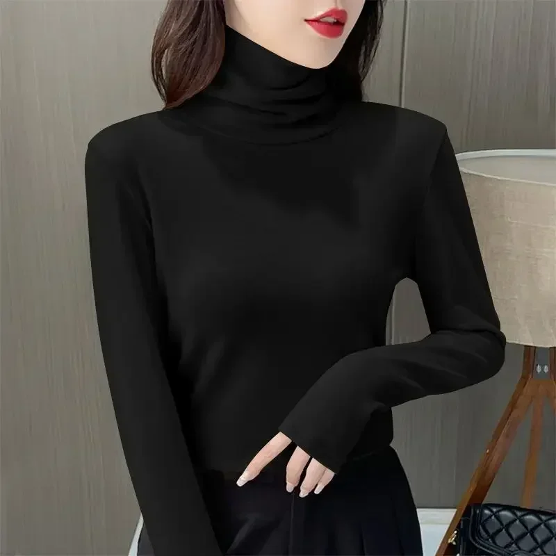 

Women Thermal Underwear Winter Thicken Turtleneck Bottom Shirt De Velvet Warm Tops Semi High Collar Neck Long Sleeve Pullovers