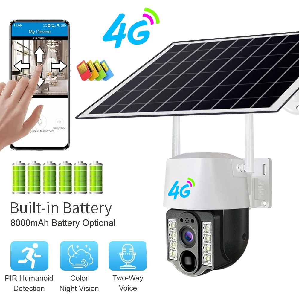 4G Sim Solar Camera Outdoor Wireless IP Camara Low Powered Battery PIR Motion Detection Waterproof CCTV Home Security Protection