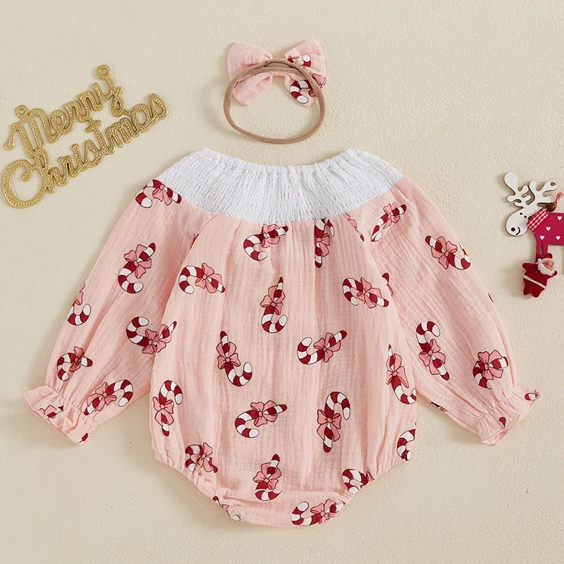 Baby Girls Christmas Romper Candy Cane Print   Letter Smocked Jumpsuits Bow Headband For Newborn Clothes