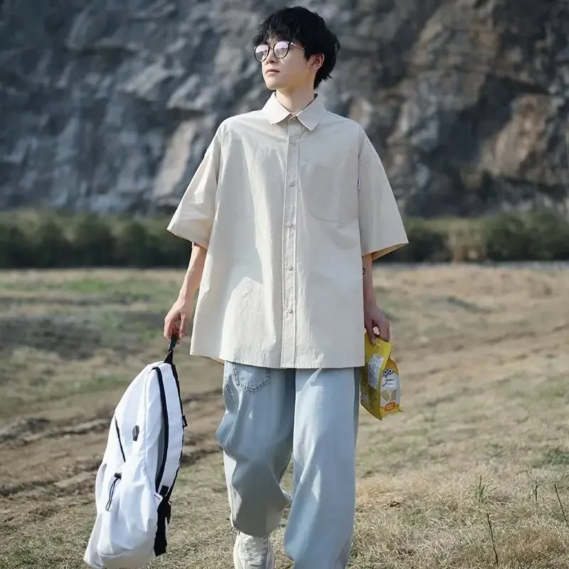 

Summer Fashion Solid Color Men's Short Sleeved Shirt Japan Retro Oversized Loose Casual Shirt Coat Korean Y2k Men Clothing