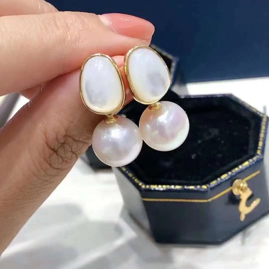 N Geometric Egg Surface Seashell Earrings 10mm High Quality Freshwater Pearl Earrings Dual-use 925 Sterling Silver Trendy