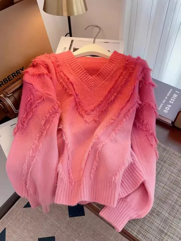 

Knitted V-shaped Gradient Color Lazy and Stylish Su Sweater for Women in Spring and Autumn New Fashionable Western Style Top