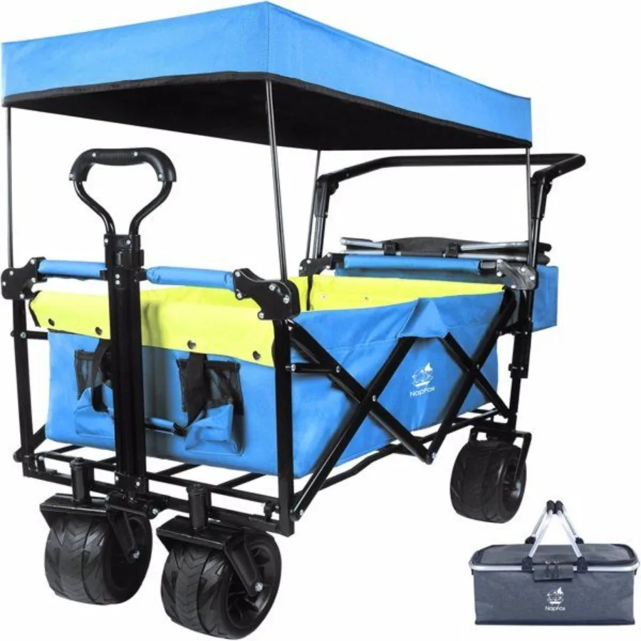 

Collapsible Wagon cart with Removable Canopy Large All Terrain Wheels Brake Adjustable Handles Cooler Bag Green Blue