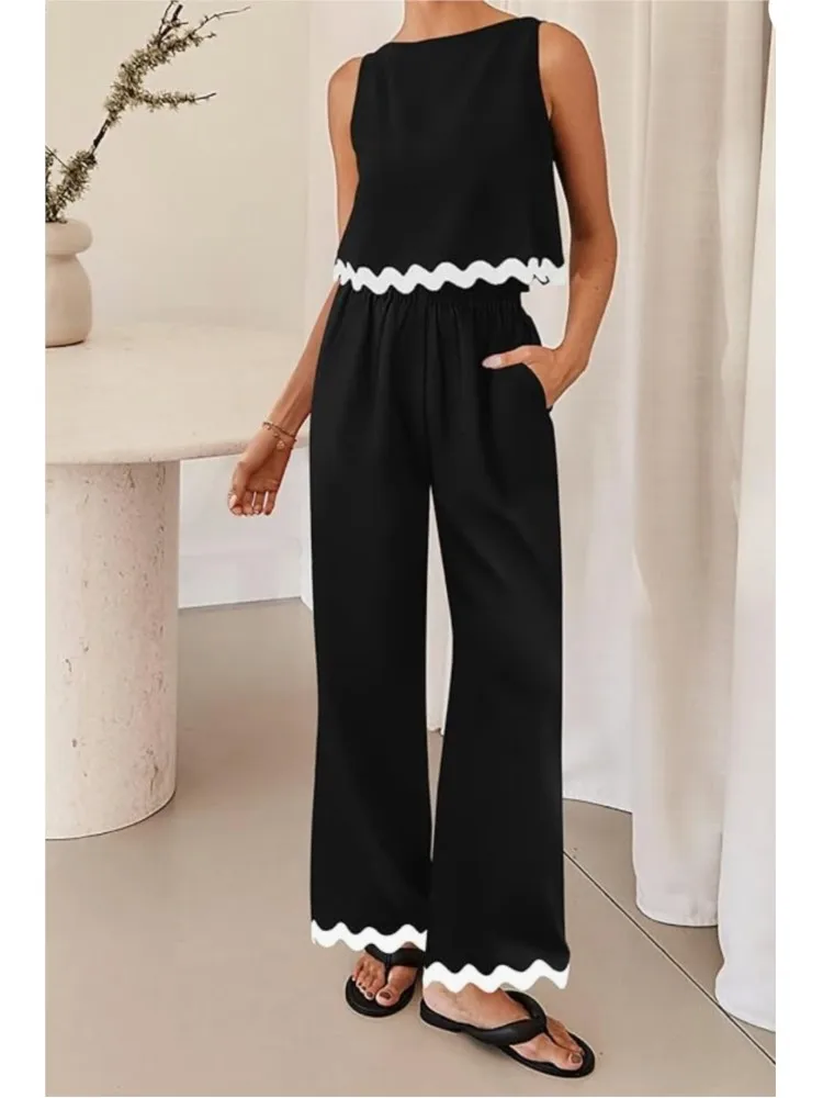 

Spring Women's Casual Solid Color Loose Two Piece Sets Summer Fashion O Neck Sleeveless Vest Short Top Loose Wide Legs Pants Set