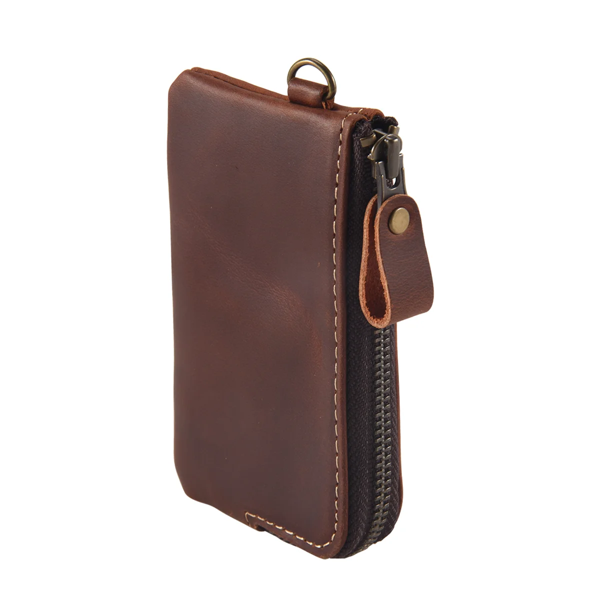 FZFZ Cartera para llaves de cuero genuino para hombre, soporte para bolsa de ama de llaves con cremallera, monedero con llavero Crazy Horse