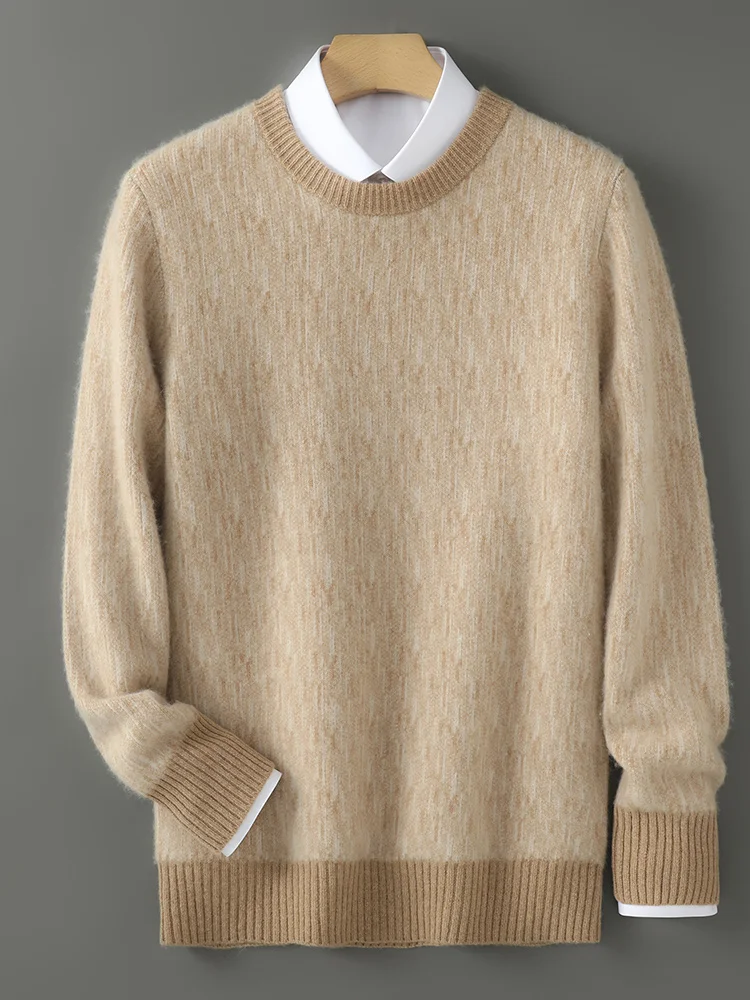 

100% Merino Wool Men Color Blocking Jacuard Sweater High-end Business Knitted O-neck Pullover Autumn Winter Cashmere Clothing