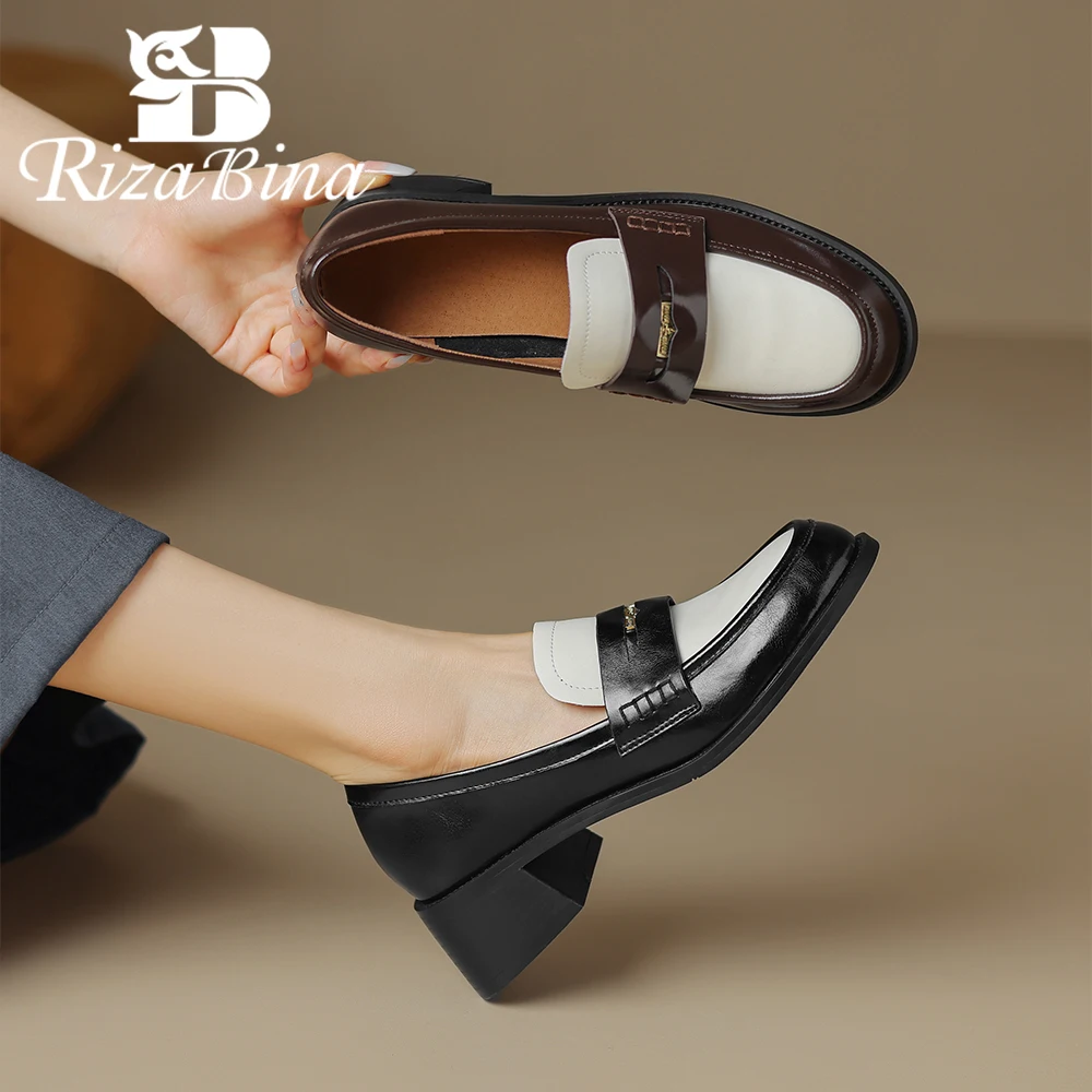 

RIZABINA Women Casual Loafers Real Leather Round Toe Thick Bottom Casual Shoes Lady Fashion Mixed Color High Quality Daiy Shoes