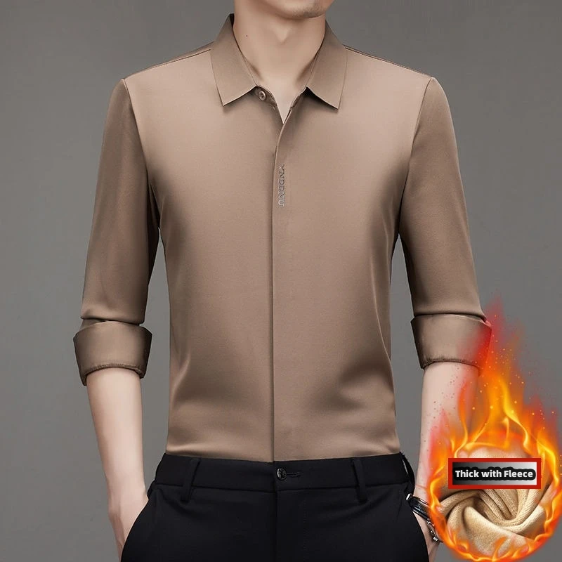 Golden Man Business Silk Shirt Autumn Buttons Invisible Elastic Luxury High end Non-iron Quality Blouse Long Sleeve Dress Shirts