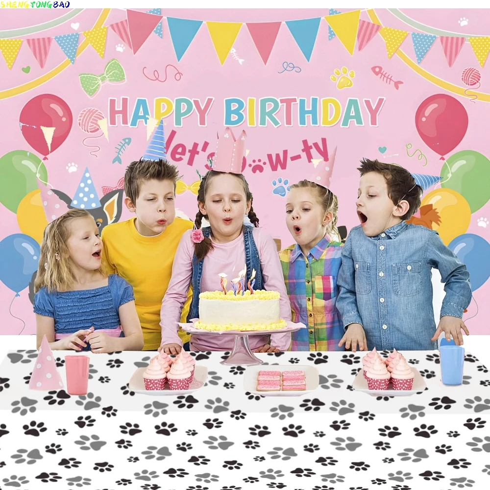 Let's PAW-TY Pet Party Backdrops Cute Dog Cat Cake Table Birthday Decoration Baby Portrait Photography Background Photo Studio