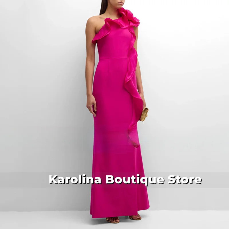 Sukienki wieczorowe w kolorze intensywnego różu, z jednym ramieniem, z kwiatowymi falbanami, syrenie suknie wieczorowe dla kobiet 2025, bez rękawów, z rozcięciem z boku, formalna suknia na przyjęcie.