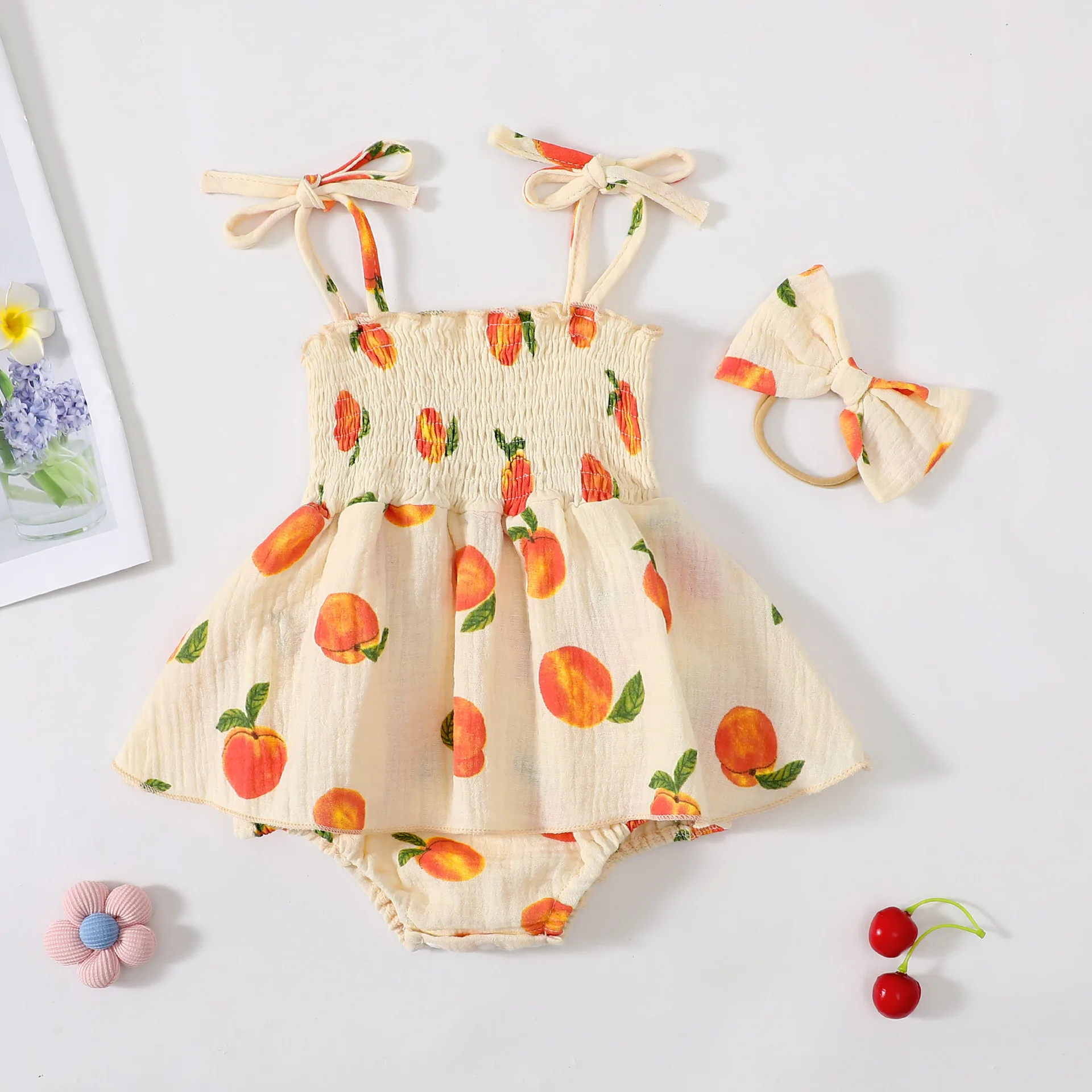 Baby Girl Sweet Peach Print Camisole Triangle Dress with Bow Headpiece Soft and Comfortable