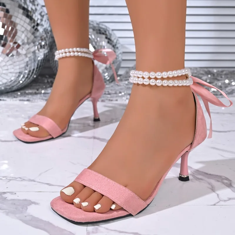 Fashion Pearl Chain Bow Decor Casual Women's Heeled Mules 2026 Summer Elegant Square Toe Simple Women Shoes Туфли Женские