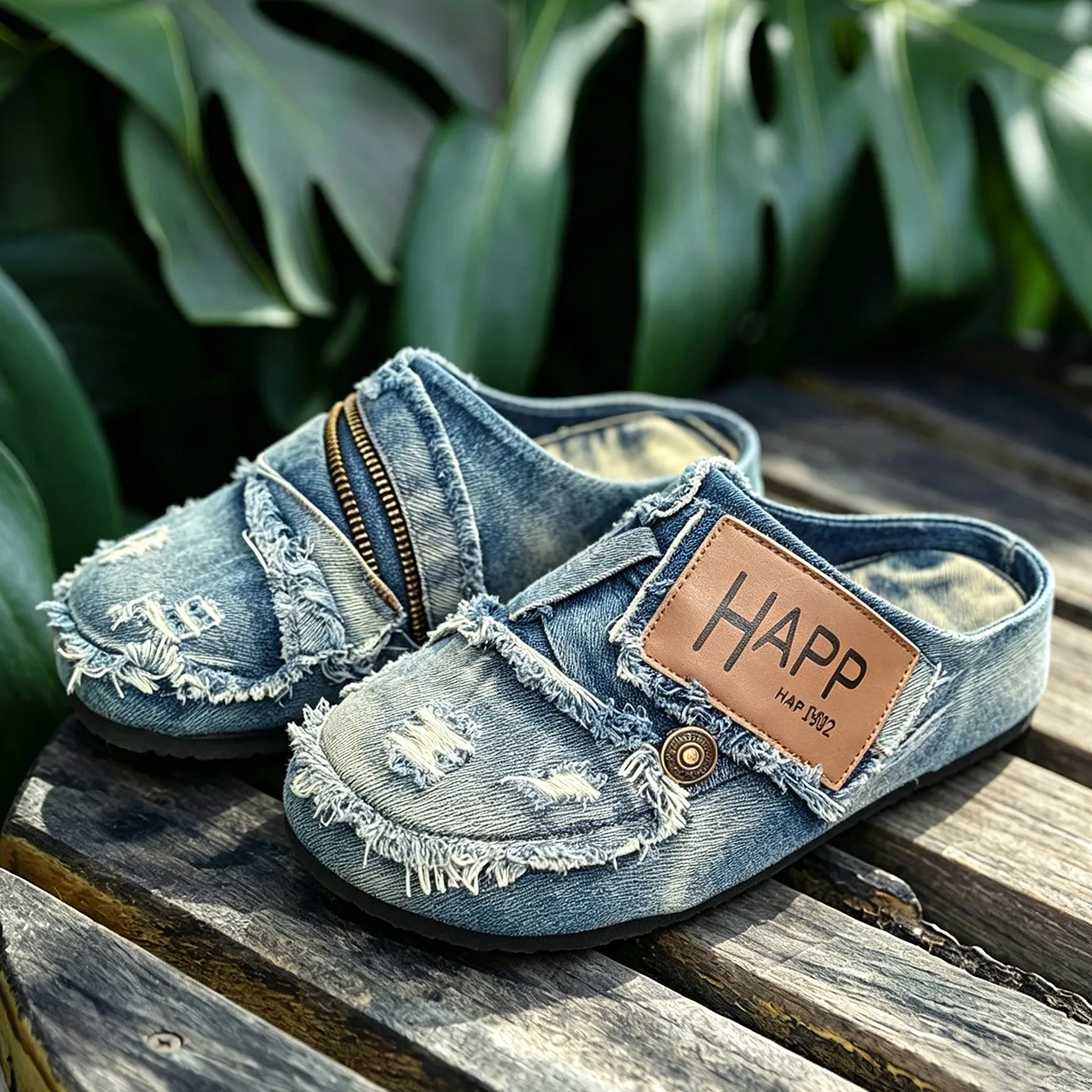 Men's Chunky Platform Mules Slip-On Round Toe Backless Breathable Sandals Thick Sole Comfortable Retro Washed Denim Sneakers