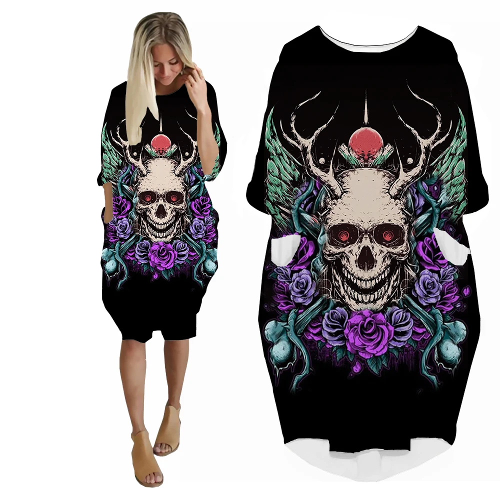 SONSPEE 3D Printing Harajuku Cartoon Hip Hop Women's Dress Horror Skull Tattoo Flower Pattern Skirt Fashion Long Sleeve Gown