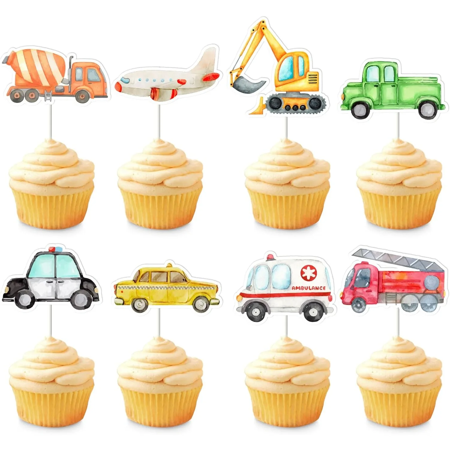 Kreatwow 32 Pcs Transportation Cupcake Toppers Watercolor Car Cake Decorations Picks Colorful Birthday Party Baby Shower Supply