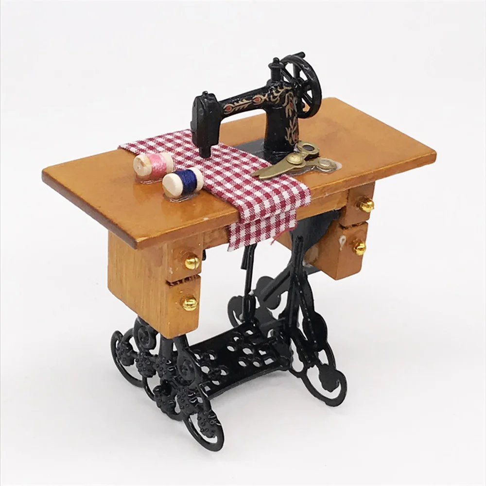 Chzimade Dollhouse Miniature Furniture Retro Sewing Machine Knitting Tools Model Doll House Decor Simulation Furniture Model