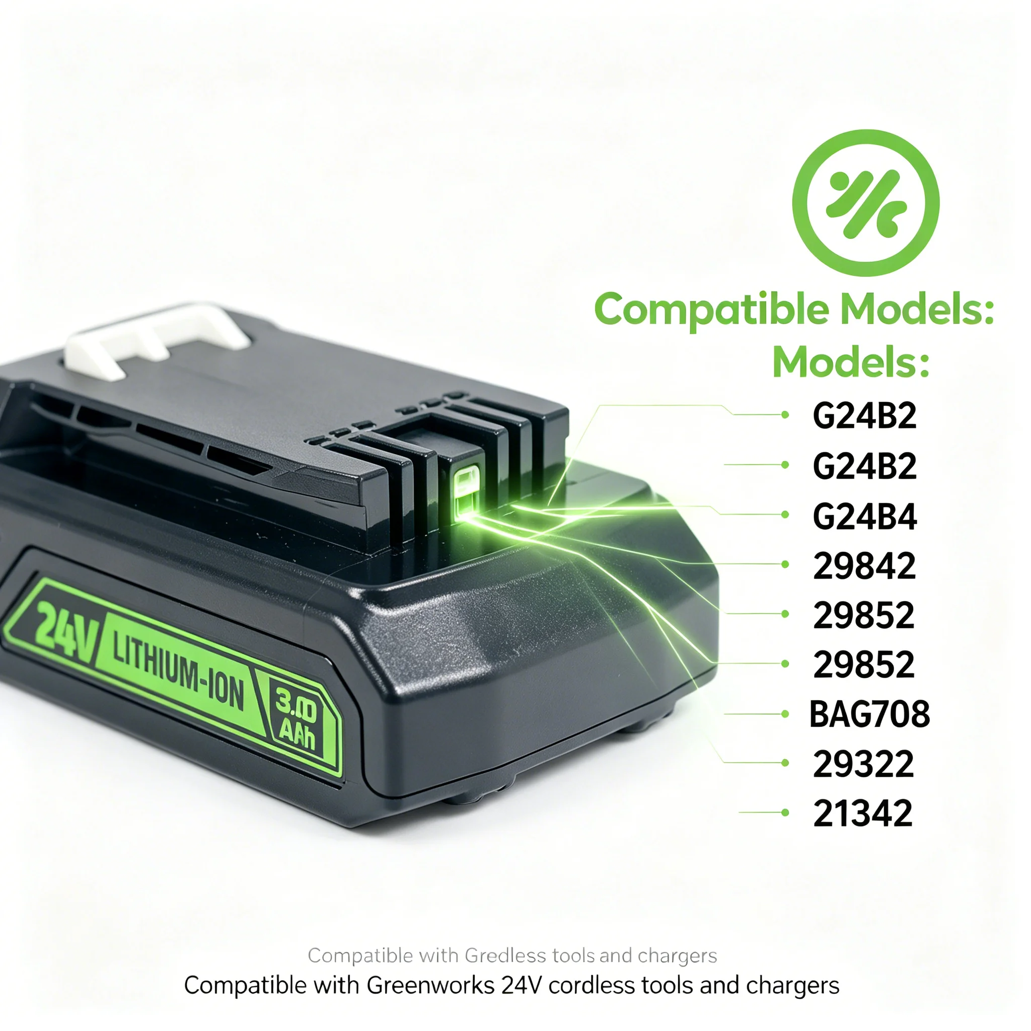 High performanc 24V 3000mAh Li-ion Battery，For Greenworks Fits MO24B410/29842/29322, Universal for Lawn Mower, Trimmer & Blower