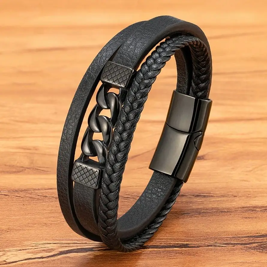 

XQNI Men's Leather Bracelet New Fashion Hand-woven Rope Multi-layer Combination Accessory Stainless Steel Male Jewelry Gift