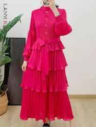 LANMREM Ruffle Pleated Long Dress Women Lantern Sleeves Buttons Fashion Dresses Female Festival Clothing 2024 Autumn New 2DA4111