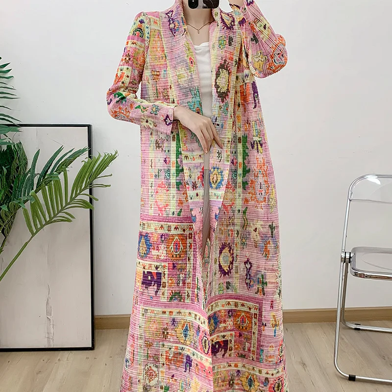 

Abaya pleated women's tradition Trench coat Summer elegant loose large size printed Middle Eastern cardigan miyake fashion robe