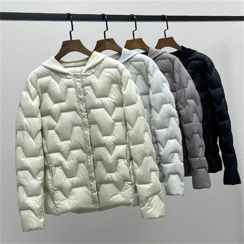 

Autumn Winter Women Knitted Patchwork Hooded Jacket Ultra Light White Duck Down Coat Warm Puffer Parkas Ladies Short Outwears