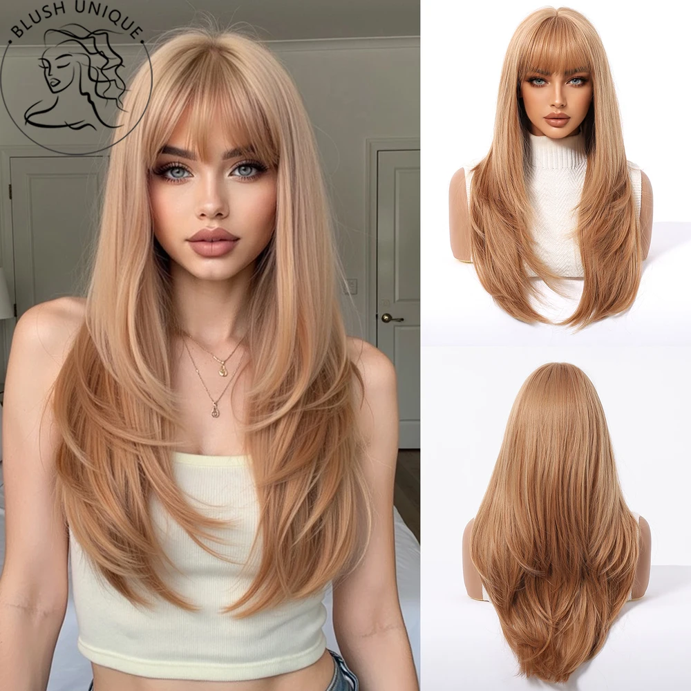 

Honey Blonde Layered Wigs with Bangs Straight Wigs For Women Synthetic Blonde Layered Cut Heat Resistant Glueless Wigs 24inch