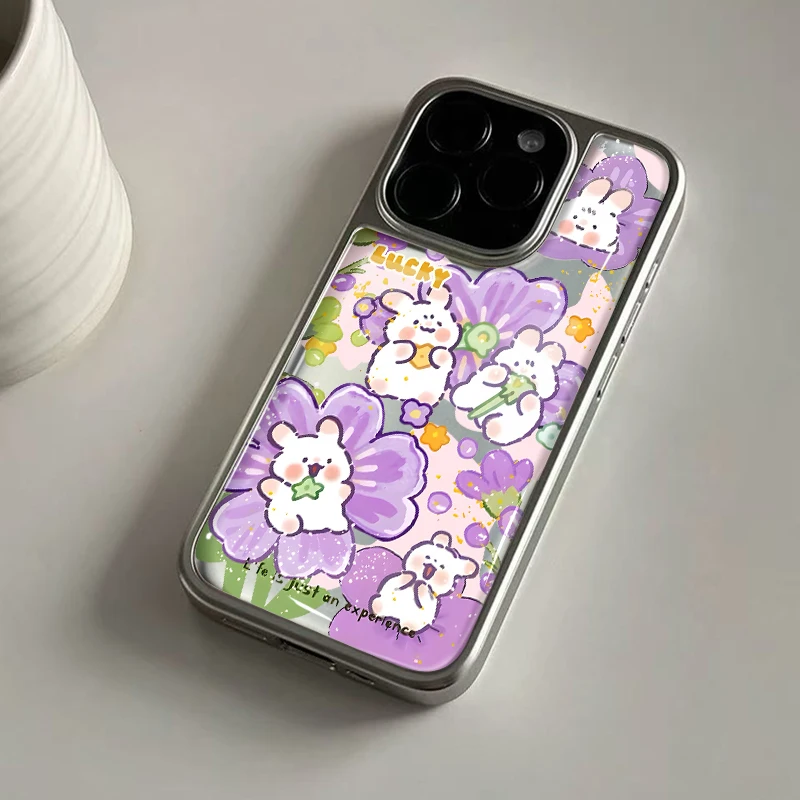 Ins Niedliche lila kleine Kaninchen-Hydrogel-Rückplatte mit silbernem Rand, stoßfeste Handyhülle für iPhone 17, 16, 15, 14 Pro Max
