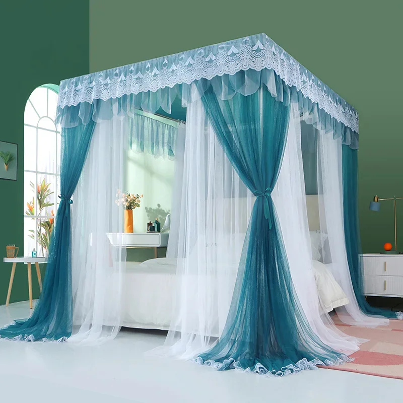 

Embroidery Lace Pleated Mosquito Net for Bed Square Romantic Princess Bed Net Canopy Luxury 2 Layers Tent Mesh