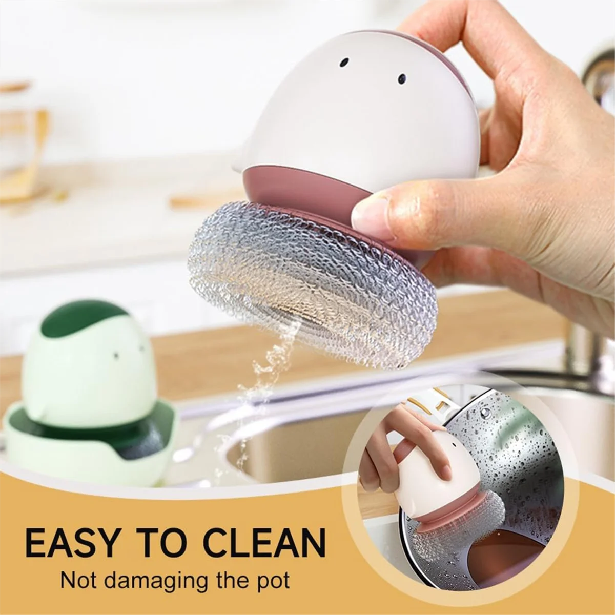 A72P Dish Scrub Brush with Soap Dispenser Cartoon Pot Brush with Bottom Bracket Dish Pot Pan Sink Induction Cooker A