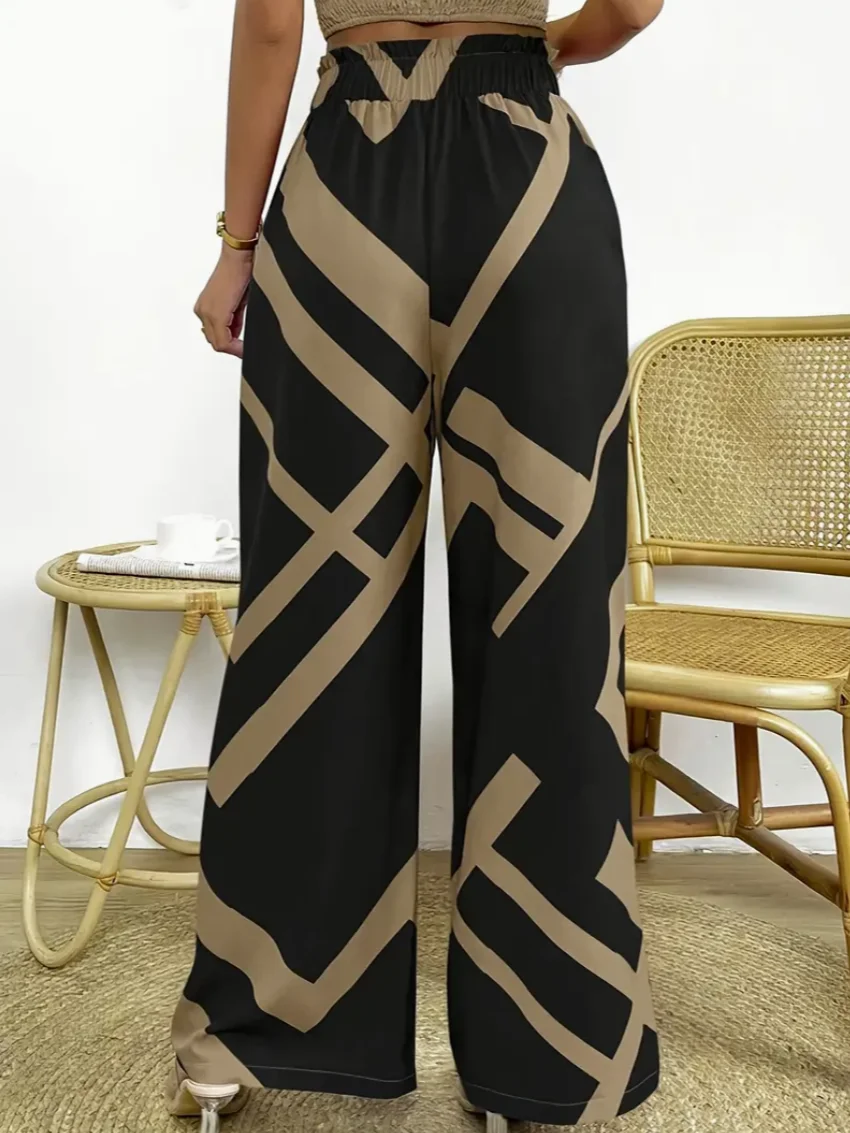 Geometric Pattern Print Wide Leg Pants Casual Loose Bow Front High Waist Pants For Every Day, Women\'s Clothing