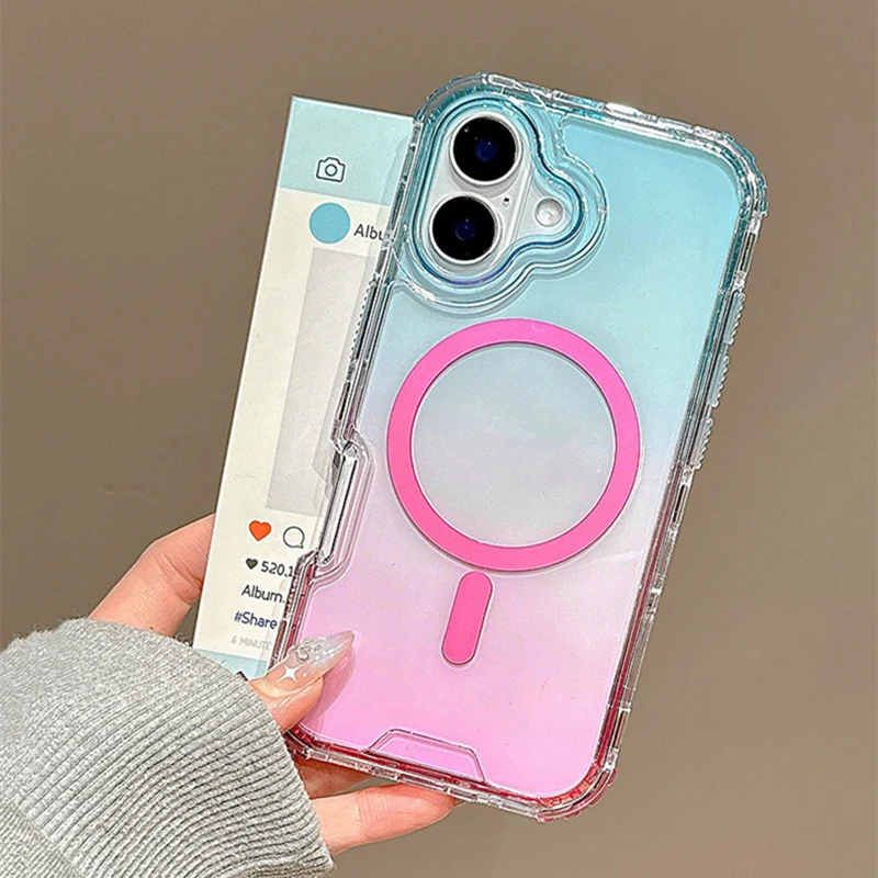 3 IN 1 Gradient Transparent for MagSafe Case For iPhone 17 Pro Max 16 Pro 15 14 13 12 Simple Clear Wireless Charging Cover