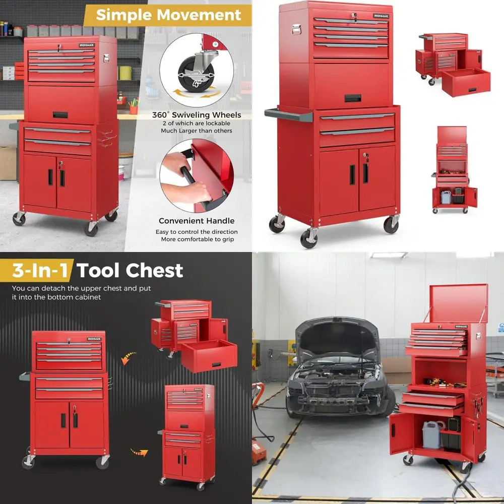 

Очень большой ящик для инструментов 3-в-1 с 4 запираемыми колесами, автоматическим замком и защитным вкладышем для прочного хранения в мастерских и Ga.