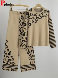 Leopard Design Knitted 2 Piece Sets Women O-neck Knitwears Sweater Pullover Tops Conjuntos High Waist Wide Leg Pants Ensembles