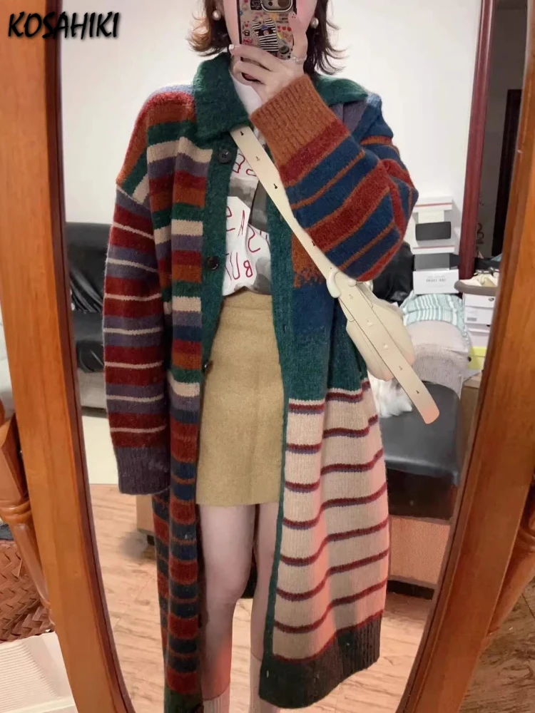 

Японские повседневные кардиганы в стиле гранж большого размера Y2k, эстетические пальто в полоску контрастного цвета, женские осенние однобортные длинные свитера