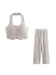 Women Fashion Front Button Halter Tank Tops And High Double Waist Side Pockets Straight Pants Female Two Piece Sets Mujer