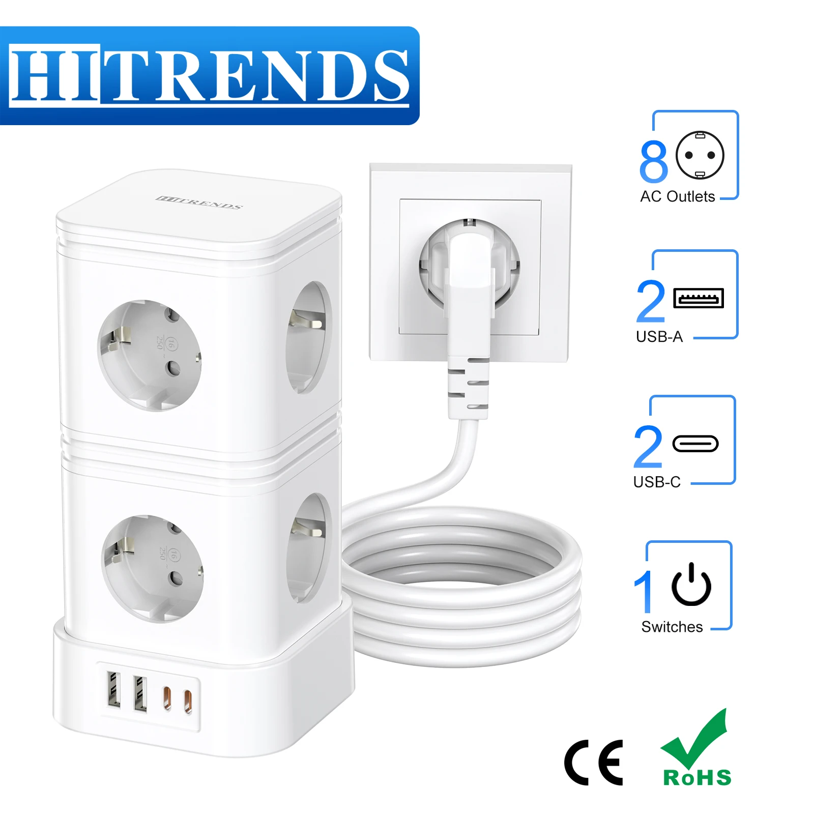 

8-Way Power Strip with USB-C 20W PD Surge Protection, 2m extension cord, 8 Sockets + 4 USB with Main Switch for Home
