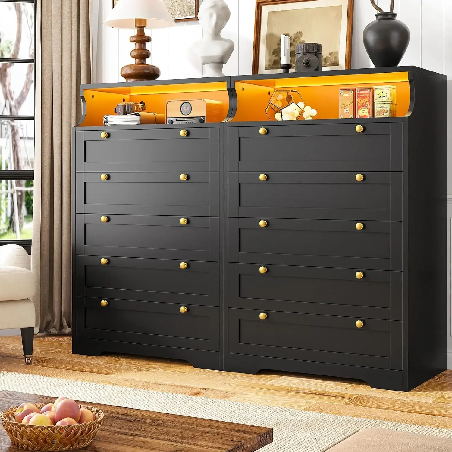 Dresser for Bedroom with LED, Bedroom Dressers & Chests of Drawers, Tall Dresser with 5 Wood Drawers and Metal Handles 48.4