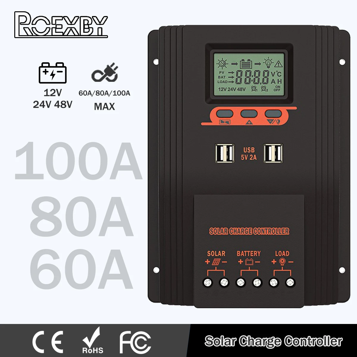 MPPT/PWM Solar Charger Controller 100A 80A 60A Solar Panel Regulator LCD Display Various Load Control Modes Support GEL Li-ion