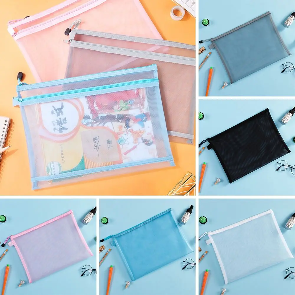 with zipper A4 Document Bag Paper Organizer Large Capacity Transparent Mesh File Folder Stationery Cosmetic Storage